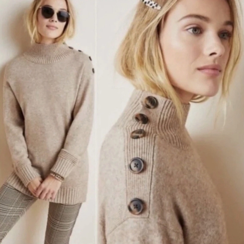 By Anthropologie Margarita Tan Knit Mock Neck Sweater